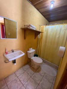 a bathroom with a toilet and a sink at Cabinas Las Palmas del Sol in Fortuna