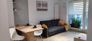 a living room with a couch and a table at Apartament przy Fabrycznym in Łódź +5 photos