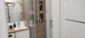 a shower with a glass door next to a sink at Apartament przy Fabrycznym in Łódź
