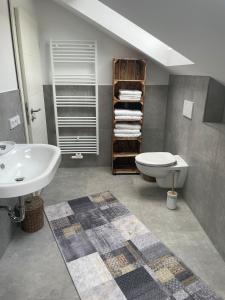 La salle de bains est pourvue d'un lavabo et de toilettes. dans l'établissement FederKern Simonskall, à Hürtgenwald