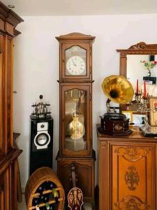 une chambre avec une horloge grand-père et d'autres horloges anciennes dans l'établissement La Capra Vecinului, à Oglinzi
