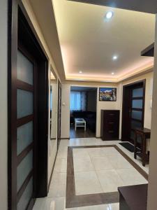 a hallway with a door and a living room at Luxury apartaments Klimatyzacja 2 in Radom