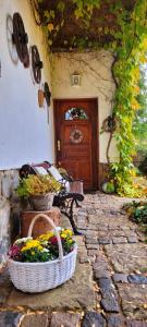 a entrance to a house with two baskets of flowers at Chalupa Kamenná Horka in Krásná Lípa