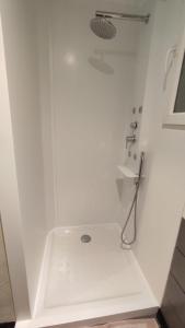uma casa de banho com um chuveiro com um lavatório e um chuveiro em Le Chellois appartement La Bresse em La Bresse