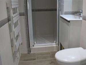 uma casa de banho com um chuveiro, um WC e um lavatório. em Appartement Risoul, 1 pièce, 6 personnes - FR-1-330-506 em Risoul
