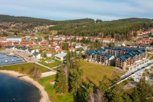 an aerial view of a town next to a body of water at Apartament I313 Molo Lipno with private wellness in Lipno nad Vltavou