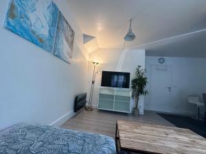 een slaapkamer met een bed en een flatscreen-tv bij Centre-ville f3 tout confort in Beaumont-sur-Oise