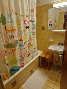 uma casa de banho com uma cortina de chuveiro e um lavatório em Appartment Christine Bad Aussee em Bad Aussee
