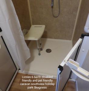 a bathroom with a shower and a sink at Southview holiday park skegness disabled friendly in Skegness