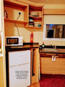a small kitchen with a microwave and a sink at Southview holiday park skegness disabled friendly in Skegness