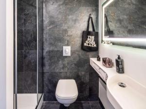 La salle de bains est pourvue de toilettes, d'un lavabo et d'une douche. dans l'établissement ibis Brest Centre, à Brest