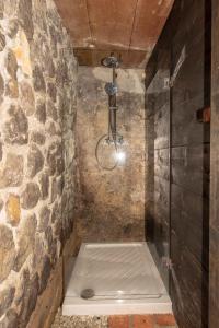 y baño con ducha y pared de piedra. en Holiday home in Otocec - Kranjska Krain 26039, en Otočec