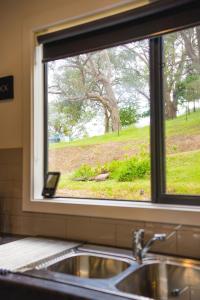 d'un évier de cuisine et d'une fenêtre avec vue sur un champ. dans l'établissement Eildon 138, à Eildon