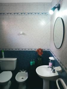 uma casa de banho com um lavatório, um WC e um espelho. em Depto Roca em Tres Arroyos
