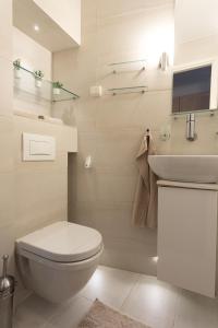 La salle de bains blanche est pourvue de toilettes et d'un lavabo. dans l'établissement Idyllinen valoisa huoneisto Ullanlinnassa., à Helsinki