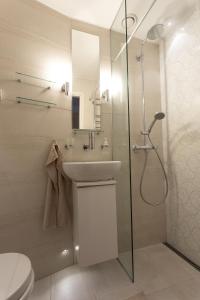 La salle de bains est pourvue d'une douche, d'un lavabo et de toilettes. dans l'établissement Idyllinen valoisa huoneisto Ullanlinnassa., à Helsinki