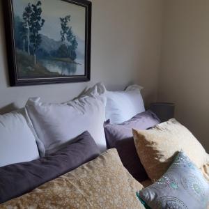 un sofá con almohadas en una habitación con una pintura en Hillview Homestay, en Richmond