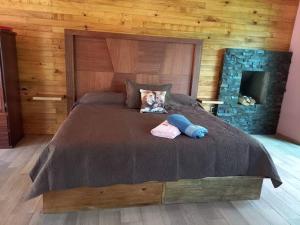 ein Schlafzimmer mit einem großen Bett und einem Kamin in der Unterkunft Cabaña Nala de lujo para parejas in Mazamitla