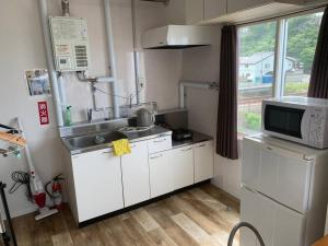 een kleine keuken met een wastafel en een magnetron bij Zenibako House 3F-RoomC in Otaru