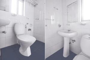 Duas fotografias de uma casa de banho com WC e lavatório. em FabExpress Coco Goa Resort With Pool, Arpora em Saligao