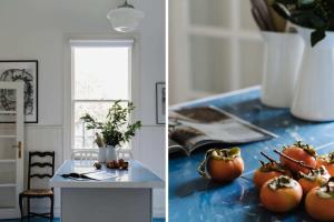 two pictures of a kitchen with tomatoes on a table at Carrington House Daylesford in Daylesford