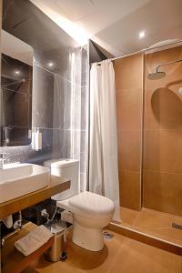 uma casa de banho com um WC, um lavatório e um chuveiro em FALIREON HOTEL em Atenas