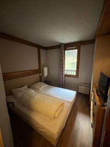 Un dormitorio con una cama grande y una ventana en Superbe Appartement à Montchavin, en Montchavin