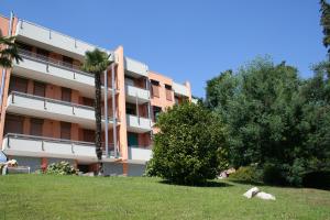 apartamentowiec z palmami przed nim w obiekcie Lake view Silvano Apartment w mieście Baveno