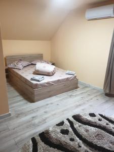 a bedroom with a bed and a rug at Pensiunea Valea Veveritelor in Curtea de Argeş