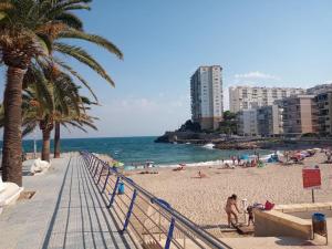 a beach with palm trees and people on the beach at Precioso apartamento en el Faro de Cullera in Faro de Cullera