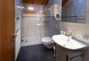 ツェルマットにあるHaus Malvaのバスルーム(洗面台、トイレ、シャワー付)