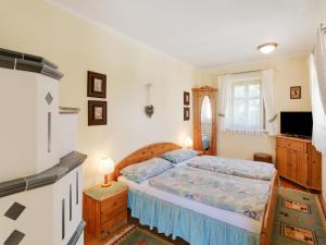 a bedroom with a large bed and a television at Holiday home in Gersdorf near a swimming lake in Gersdorf an der Feistritz