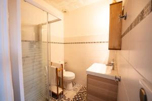 een badkamer met een toilet, een wastafel en een douche bij appartement n2 centre village, clim, parking gratuit in Aigues-Mortes