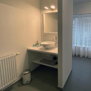a bathroom with a sink and a mirror at Apartment with free covered parking - City Center in Ghent