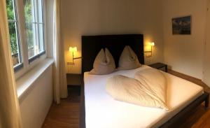 a bedroom with a bed with two pillows on it at Buchensteinblick in Sankt Jakob in Haus