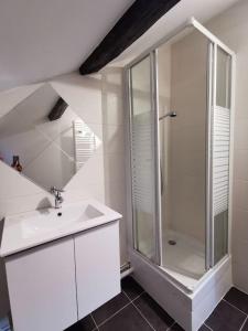 a white bathroom with a shower and a sink at Studio sous les toits proche Paris et Versailles in Chaville