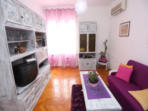 a living room with a tv and a purple couch at Apartment Liatris in Split