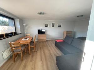 ein Wohnzimmer mit einem blauen Sofa und einem Tisch in der Unterkunft Apartament Pod Lipą in Breslau