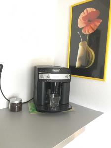 eine schwarze Kaffeemaschine auf einem Regal mit einer Blume in der Unterkunft Ferienwohnung Kopf in Schuttertal