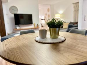 una mesa con una maceta encima en Modernes Apartment mit besonderem Charme - 1A Guesthouse 