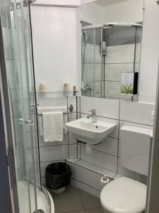 ein Bad mit einem WC, einem Waschbecken und einer Dusche in der Unterkunft Good Hôtel Marseille Aubagne - La Valentine in La Penne-sur-Huveaune