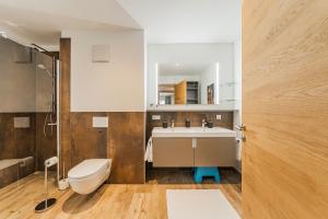 ein Badezimmer mit einem Waschbecken, einem WC und einem Spiegel in der Unterkunft Dachstein West Apartment T3 in Russbach am Pass Gschütt