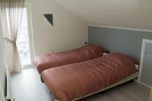 um quarto com duas camas num quarto com uma janela em Vakantiehuis Oostendorp em Meddoo