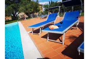 una mesa azul y sillas junto a una piscina en Sun Hill Apartments - Happy Rentals, en Castiglione del Lago