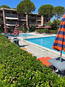 a swimming pool with umbrellas and chairs and a hotel at Summer House - Appartamento fronte mare in Marcelli