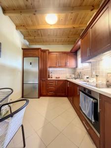 a kitchen with wooden cabinets and a stainless steel refrigerator at Villa Corfou in Corfu Town +31 photos