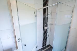 a shower with a glass door in a bathroom at Ferienwohnung 11 "Gut Tossens" in Tossenserdeich