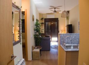 uma cozinha com um lavatório e uma sala de estar em Grace, apartamento con terraza y vistas em Talarn