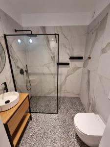 La salle de bains est pourvue d'une douche, de toilettes et d'un lavabo. dans l'établissement Premium Apartments Rzeszów Gold, à Rzeszów