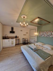 a large bedroom with a large bed and a kitchen at L'éxperience LOVE ROOM in LʼÉtrat